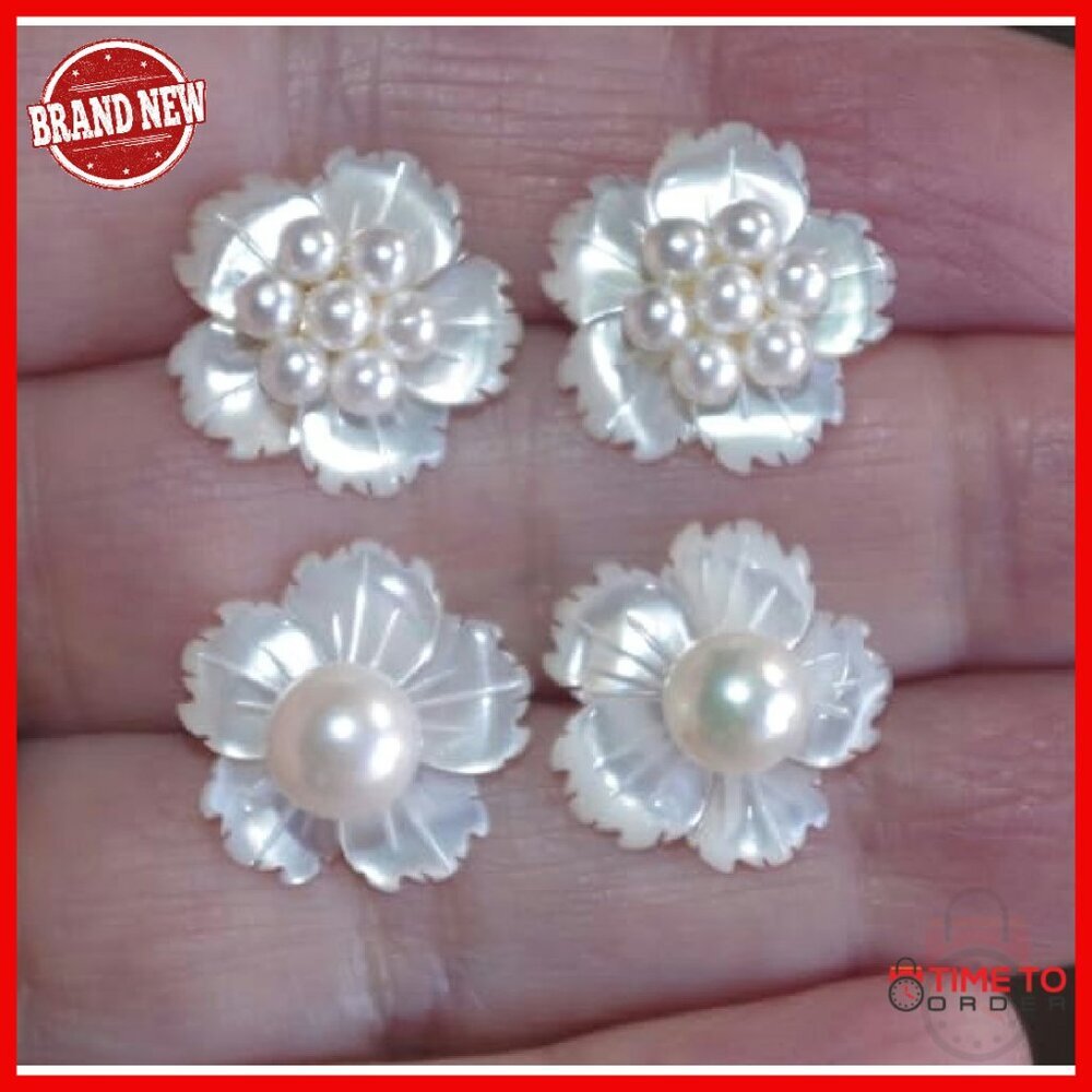 14mm Mother of Pearl Flower Stud Jackets, Handmade Jewelry Enhancers - Picture 7 of 8